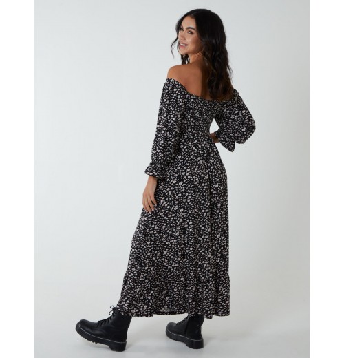 Puff Sleeve Square Neck Shirred Midi Dress Puff Sleeve Square Neck Shirred Midi Dress