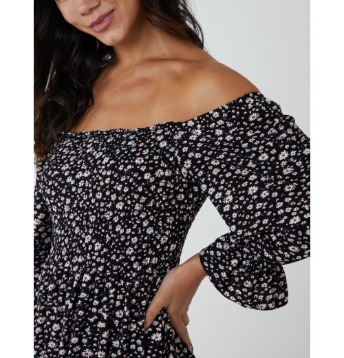 Puff Sleeve Square Neck Shirred Midi Dress Puff Sleeve Square Neck Shirred Midi Dress