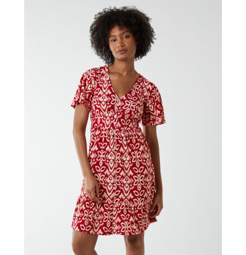 V Neck Shirred Mini Tea Dress With Split V Neck Shirred Mini Tea Dress With Split