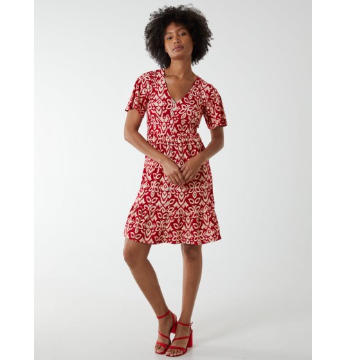 V Neck Shirred Mini Tea Dress With Split V Neck Shirred Mini Tea Dress With Split