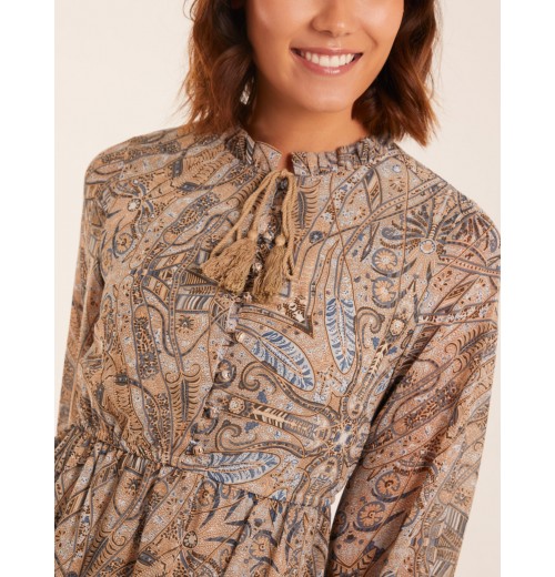 Button Through Tassel Peasant Mini Dress Button Through Tassel Peasant Mini Dress