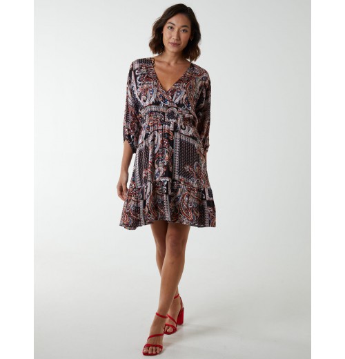 Paisley Wrap Front Pleated Kimono Sleeve Dress Paisley Wrap Front Pleated Kimono Sleeve Dress