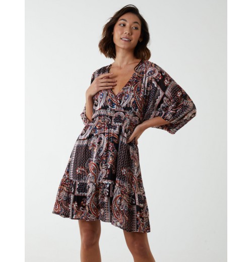 Paisley Wrap Front Pleated Kimono Sleeve Dress Paisley Wrap Front Pleated Kimono Sleeve Dress