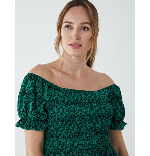 Puff Sleeve Bardot Shirred Dress Puff Sleeve Bardot Shirred Dress