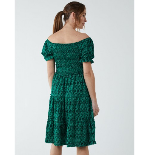 Puff Sleeve Bardot Shirred Dress Puff Sleeve Bardot Shirred Dress