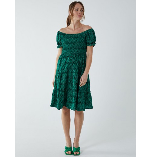 Puff Sleeve Bardot Shirred Dress Puff Sleeve Bardot Shirred Dress