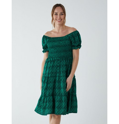 Puff Sleeve Bardot Shirred Dress Puff Sleeve Bardot Shirred Dress
