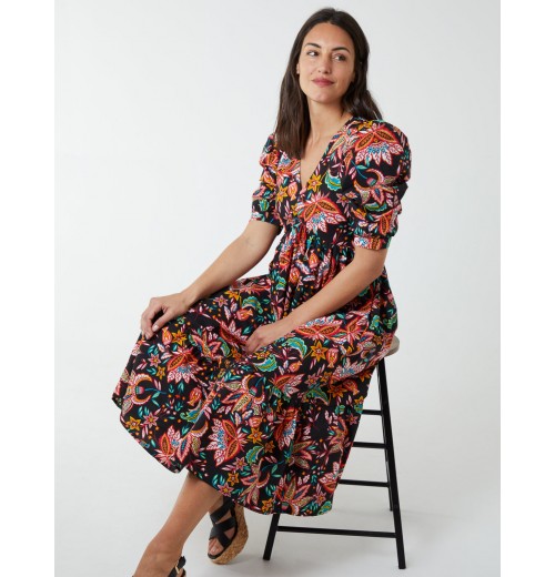 V-Neck Puff Sleeve Midi Dress V-Neck Puff Sleeve Midi Dress