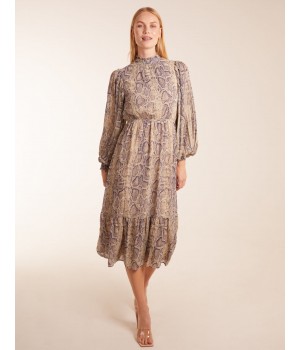 High Neck Pleated Sleeve Reptile Midi Dress
